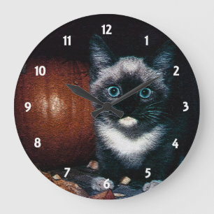 Grande Horloge Ronde Kitten et Citrouille pour Halloween