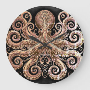 Grande Horloge Ronde Kraken Steampunk Octopus Ornate Gold Noir