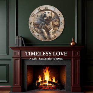 Grande Horloge Ronde Labrador loyal sculpté dans un style pierre