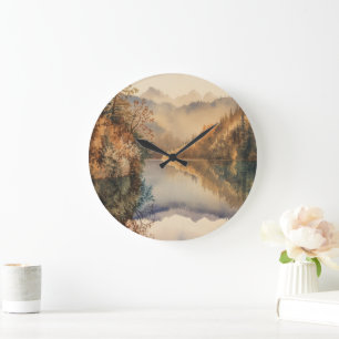Grande Horloge Ronde Lac de montagne automnal à l'aquarelle de luxe