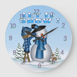 Grande Horloge Ronde Laissez lui neiger bonhomme de neige arrondissez