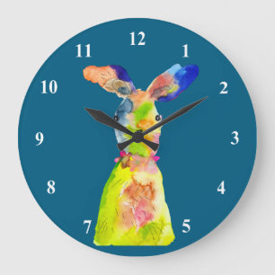 Grande Horloge Ronde Lapin de Pâques mignon art à l'aquarelle