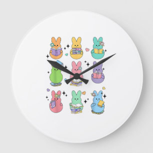 Grande Horloge Ronde Lapin lisant des livres Pâques Bibliothécaire Ense