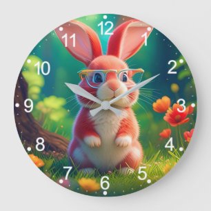 Grande Horloge Ronde Lapin Rose Mignon sur Gazon Vert-47567