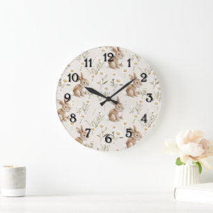Grande Horloge Ronde Lapins de Pâques Fleurs de Marguerite Nursery