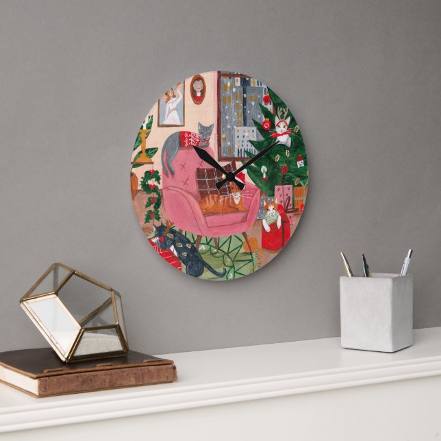 Grande Horloge Ronde L'art de Noël du chat mignon (Bureau)