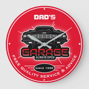 Grande Horloge Ronde Le garage de papa pour n'importe quel nom Rouge No
