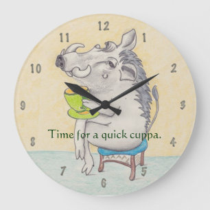 Grande Horloge Ronde Le phacochère en caricature buvant une tasse de t