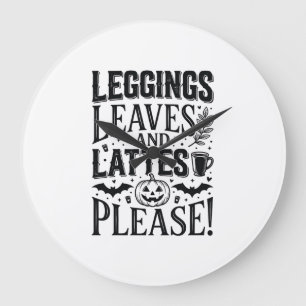Grande Horloge Ronde Leggings Feuilles Lattés Halloween Automne Café Cr