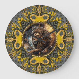 Grande Horloge Ronde Leo Zodiac Gold Jaune Fractal Mandala Artiste