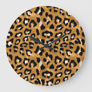 Grande Horloge Ronde léopard de peau d'animal : motif d'aquarelle.