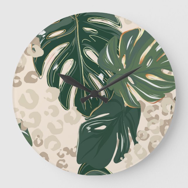Grande Horloge Ronde Leopard Monstera : Jungle Imprimer Vintage. (Recto)