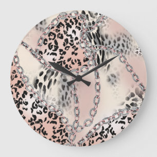 Grande Horloge Ronde Léopard textile : Motif à chaîne florale.