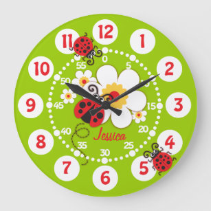 Grande Horloge Ronde Les enfants ladybug & flower cute green girls wall