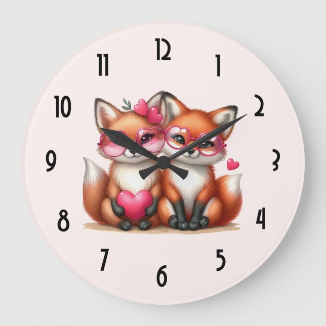 Grande Horloge Ronde Les mignons renards orange en amour (Recto)