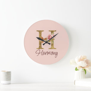 Grande Horloge Ronde Lettre de nom personnalisée H Roses roses blush fe