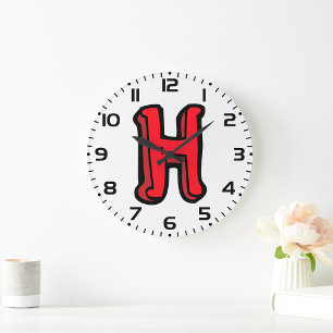 Grande Horloge Ronde Lettre rouge gras H Fun Alphabet