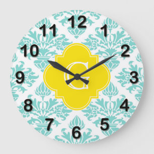 Grande Horloge Ronde Lg Aqua Damask #3 Yellow Quatrefoil Monogramme