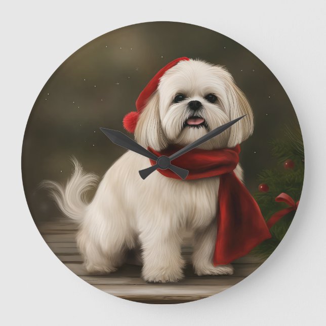 Grande Horloge Ronde Lhasa Apso Chien dans Noël de neige (Recto)
