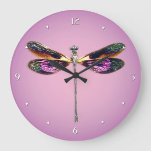 Grande Horloge Ronde Libellule - argent, or, pourpre et noir