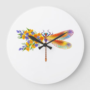 Grande Horloge Ronde libellule de fleurs jaunes