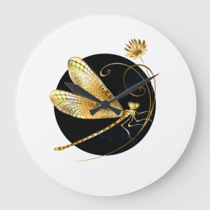 Grande Horloge Ronde libellule d'or en cercle noir