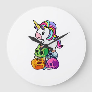 Grande Horloge Ronde Licorne Mignonne & Crânes Mort. Drôle de Goth Emo