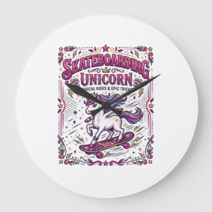 Grande Horloge Ronde Licorne skateboard Licorne élégant fond blanc