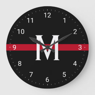 Grande Horloge Ronde Ligne rouge mince initiale décorée d'un monogram