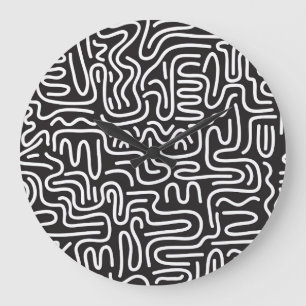 Grande Horloge Ronde Lignes ondulées de doodle rétro : Monochrome