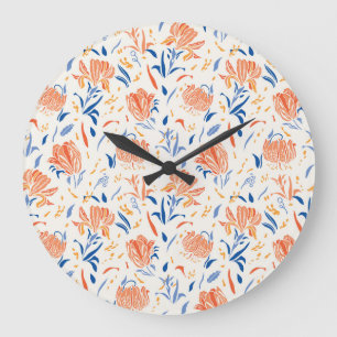 Grande Horloge Ronde Linocut botanique baroque : arrière - plan sans co