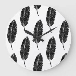Grande Horloge Ronde Linocut en plumes rustiques noir et blanc