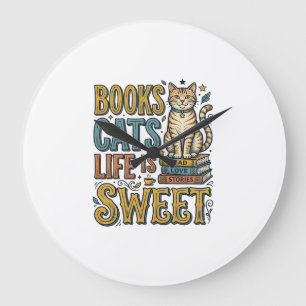 Grande Horloge Ronde Livres Chats La Vie Est Douce Design Pour Lecteur