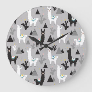 Grande Horloge Ronde Llama cactus montagnes, motif sans soudure.