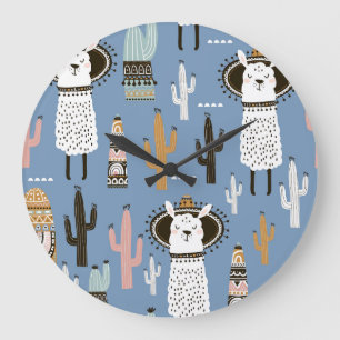 Grande Horloge Ronde Llama, Cactus, Motif d'éléments à main.