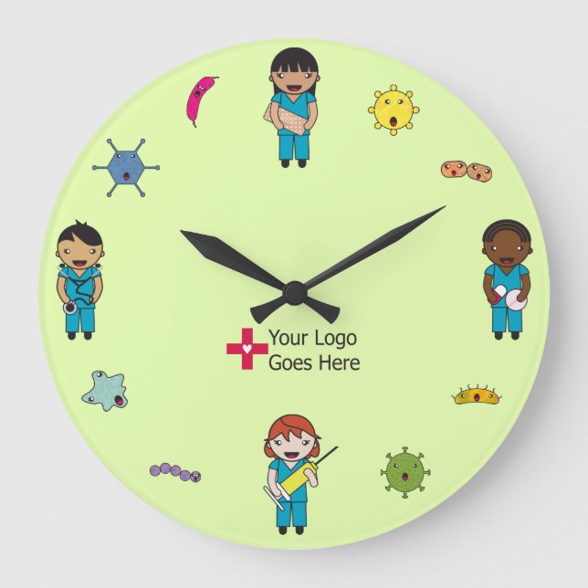 Grande Horloge Ronde Logo de Cute Multicultural Germ Fighters Custom (Recto)