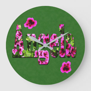 Grande Horloge Ronde Logo du nom d'Angela Florale rose, 