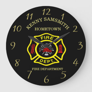 Grande Horloge Ronde Logo du service d'incendie Badge noir et jaune