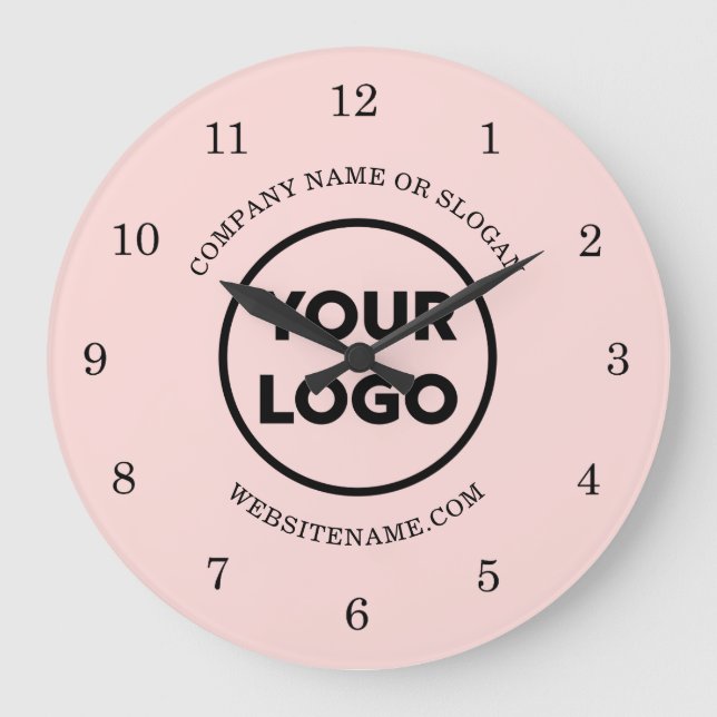 Grande Horloge Ronde Logo et texte personnalisés chic en rose (Recto)