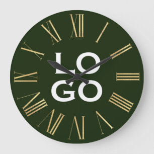 Grande Horloge Ronde Logo ou image personnalisé sur fond vert forêt