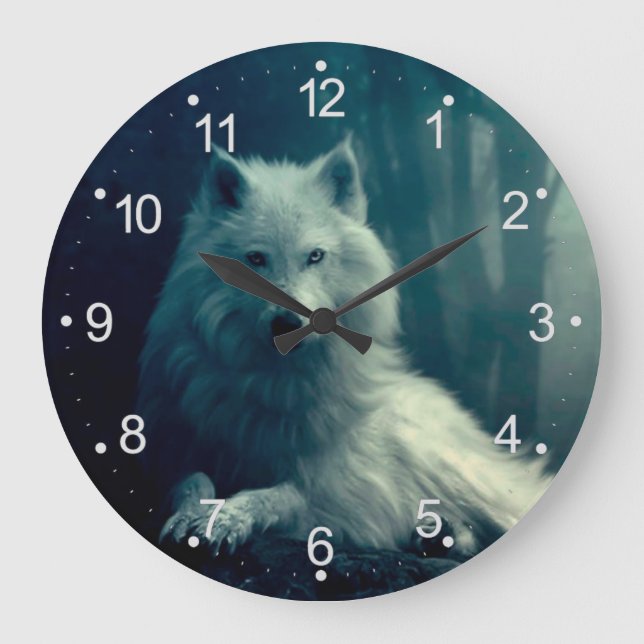 Grande Horloge Ronde Loup blanc dans la forêt nocturne (Recto)