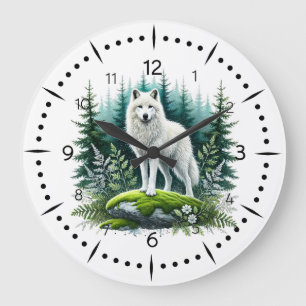 Grande Horloge Ronde Loup blanc majestueux en forêt