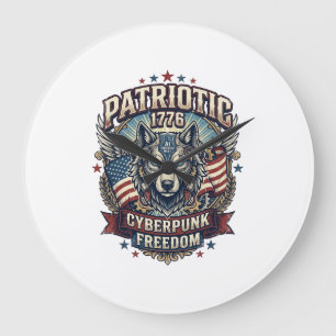 Grande Horloge Ronde Loup Cyberpunk Futur Liberté Ai Patriotique