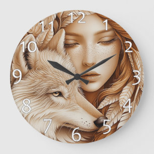 Grande Horloge Ronde Loup et femme en plumes