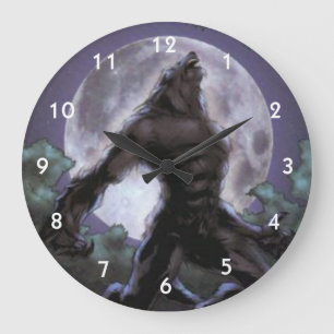 Grande Horloge Ronde Loup-garou hurlant à la lune