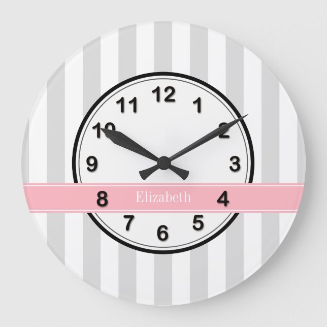 Grande Horloge Ronde Lt Grey White Stripe Pink Nom Monogramme (Recto)
