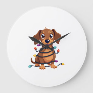 Grande Horloge Ronde Lumières de Dachshund de Noël