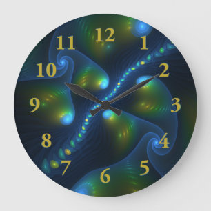 Grande Horloge Ronde Lumières de l'Imaginaire Abstrait Bleu Vert Jaune