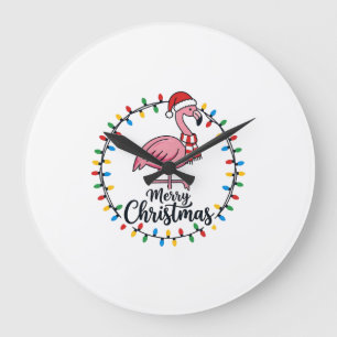 Grande Horloge Ronde Lumières de Noël Flamant Rose Fêtes