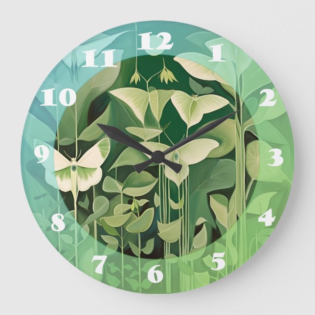 Grande Horloge Ronde Luna Moth et fleurs - Vert et Crème (Recto)